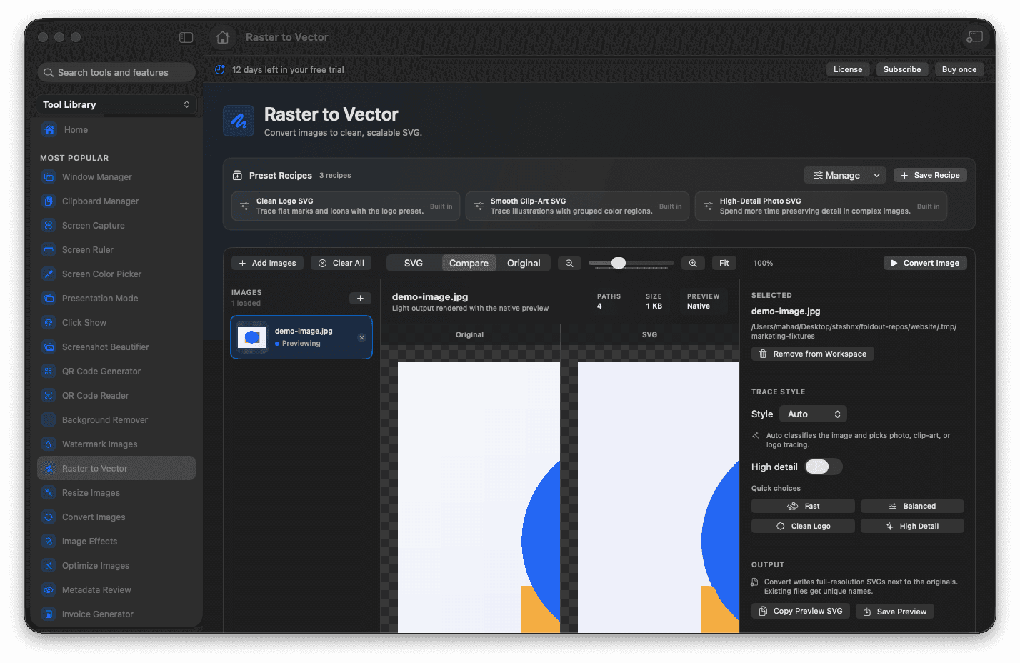 Foldout Convert raster images into scalable SVG tool screen on macOS