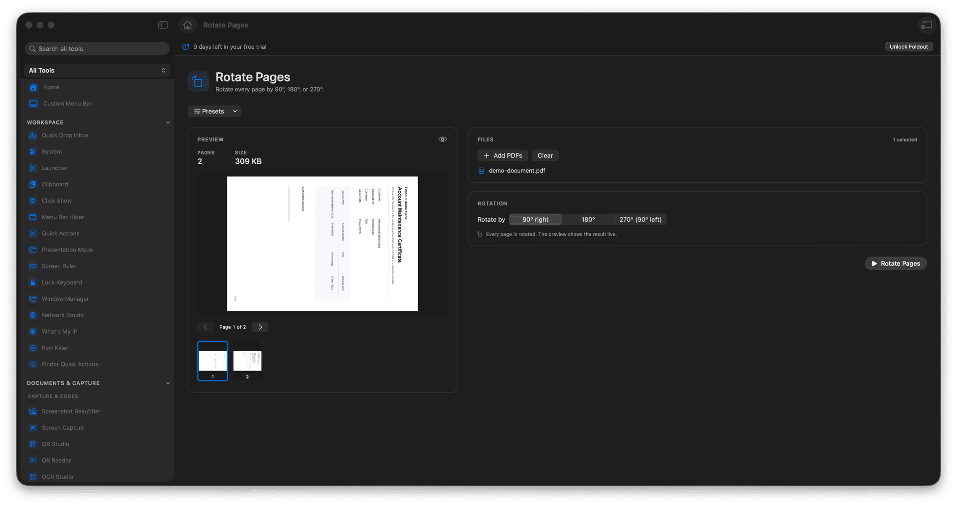 Foldout Rotate PDF pages by common angles tool screen on macOS
