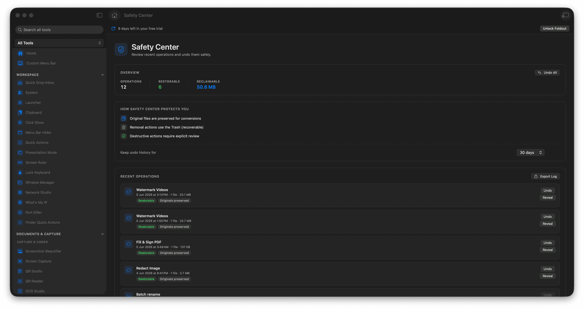 Foldout Review recent operations and undo supported actions tool screen on macOS