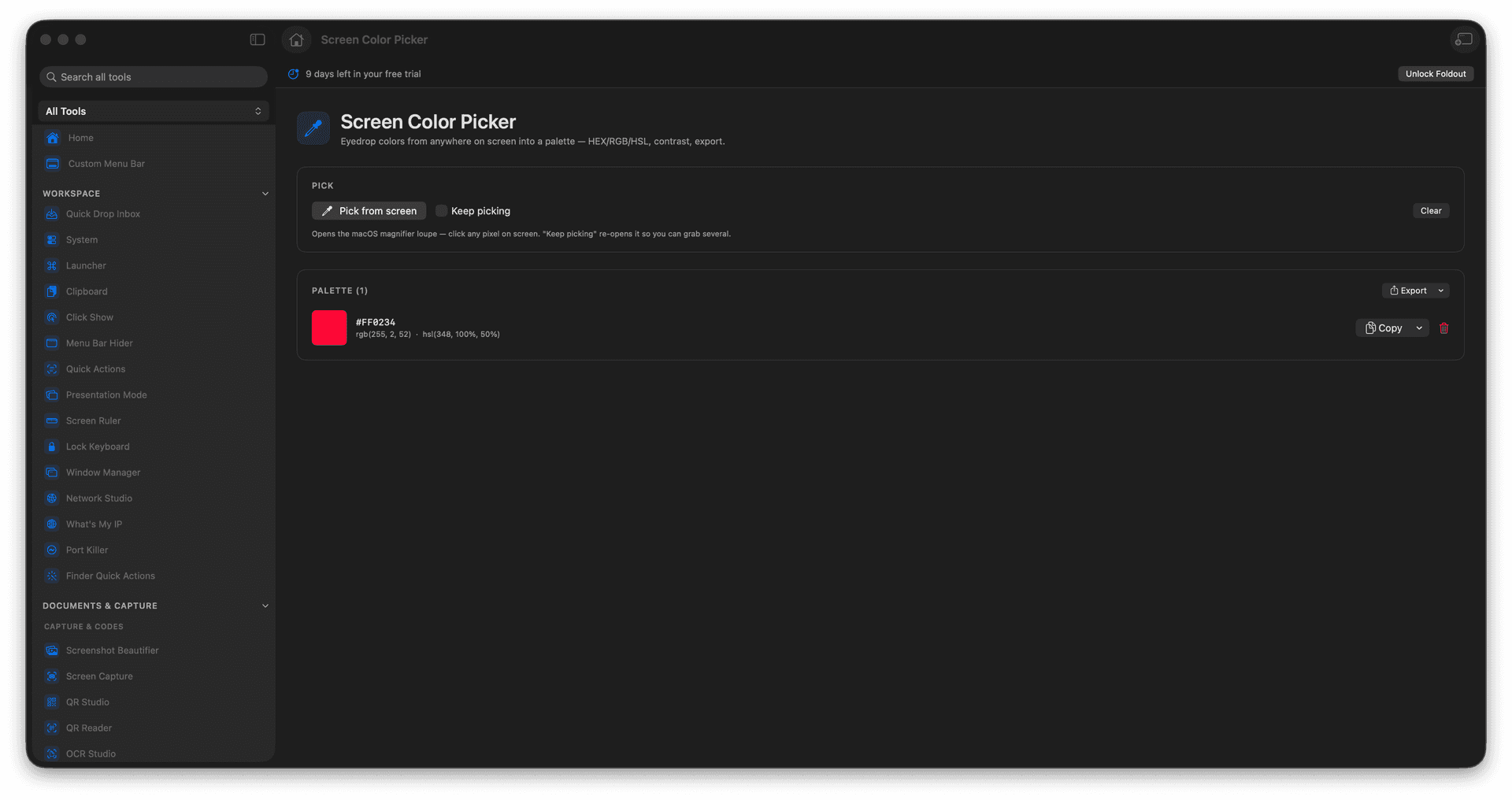 Foldout Pick colors from anywhere on screen tool screen on macOS