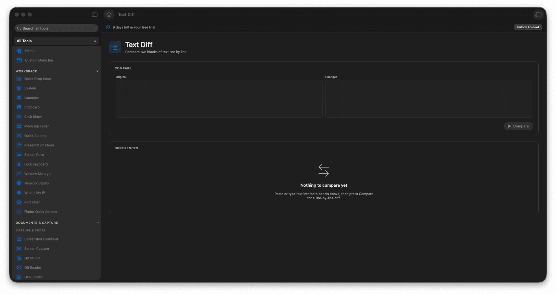 Foldout Compare two blocks of text line by line tool screen on macOS