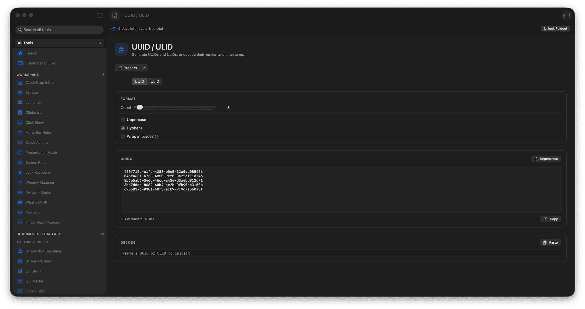 Foldout UUID and ULID tool screen on macOS