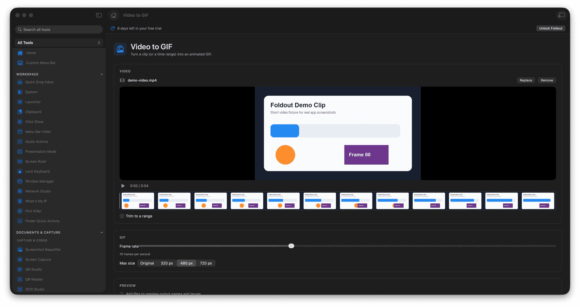 Foldout Turn a video range into a looping GIF tool screen on macOS