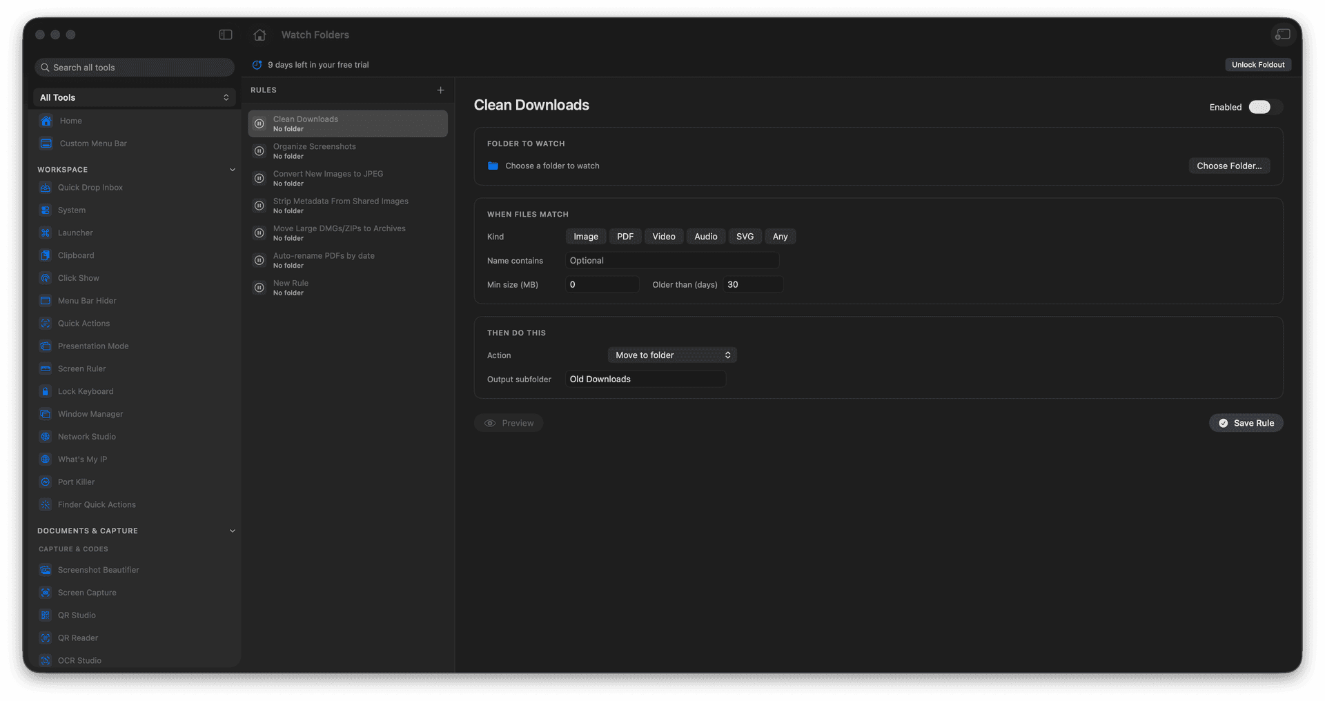 Foldout Automate folders with conditions and safe actions tool screen on macOS