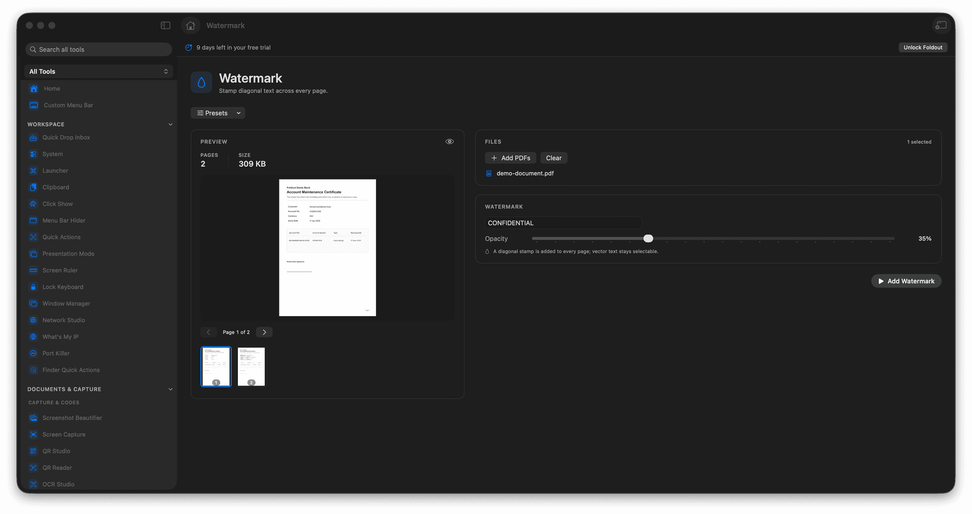 Foldout Stamp text across PDF pages tool screen on macOS